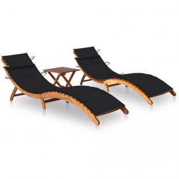 Tumbonas 2 unidades con mesa y cojines de madera maciza de acacia