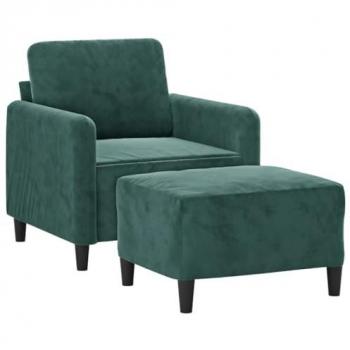 Sillón de terciopelo verde oscuro con taburete, 60 cm, incluye respaldo y reposabrazos, ideal para salón y descanso