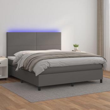 Cama box spring colchón y LED cuero sintético gris 160x200 cm