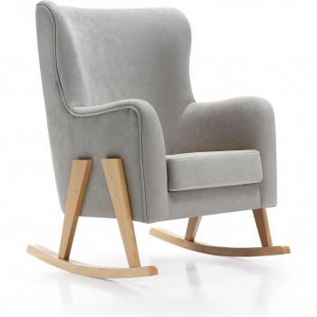 Sillón de lactancia GLAM tapizado en tela gris con patas de madera