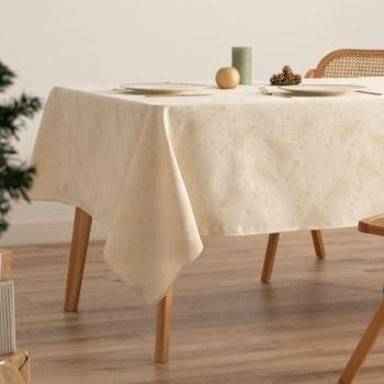 Mantel Navidad Rectangular Jacquard Crudo 140x350 cm con Hilo Dorado Decoración Festiva