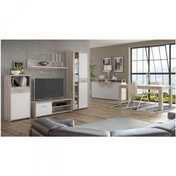 Conjunto de Muebles para Televisor - Buffet 170cm y Mesa de Comedor 160cm - Contemporáneo - Blanco y Decoración en Roble