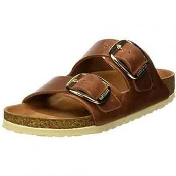 Sandalias Birkenstock Arizona Big Buckle de cuero natural con plantilla de corcho y látex, color cognac, talla 35