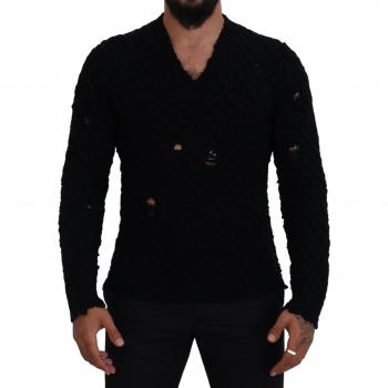 Dolce & Gabbana Black Wool V-neck Knitted Pullover Sweater - IT44 | XS