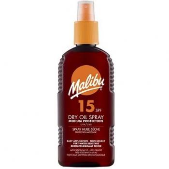 Spray Seco de Aceite Bronceador Malibu SPF 15, Protección Media, Resistente al Agua, 200 ml