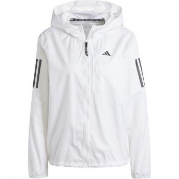Chaqueta de running adidas Own The Run mujer blanco, ligera, transpirable, con tecnología Climalite, cierre frontal completo, bolsillos laterales con cremallera y detalles reflectantes