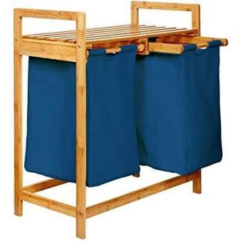 Lumaland Estantería de Baño en Bambú con Cestas para la Colada - Cesto para Ropa Sucia con 2 Compartimientos Extraíbles - Mueble Organizador para Lavadora - 73 x 64 x 33 cm / Azúl