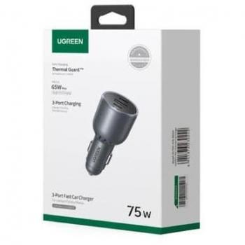 Cargador de Coche UGREEN 75W 3 Puertos (2 USB-C PD + 1 USB-A) Carga Rápida, Color Gris