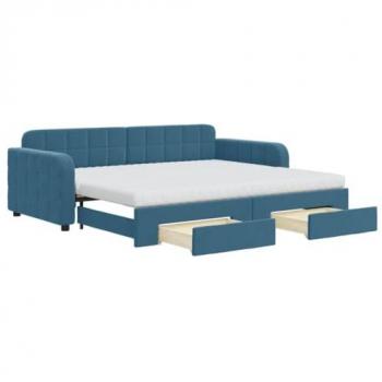 Sofá cama nido extraíble con cajones en terciopelo azul 90x200 cm