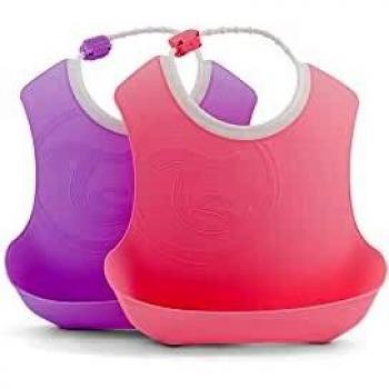 TwistShake Baberos de Plástico Ajustables 4+ Meses, Pack de 2, Colores Rosa y Púrpura