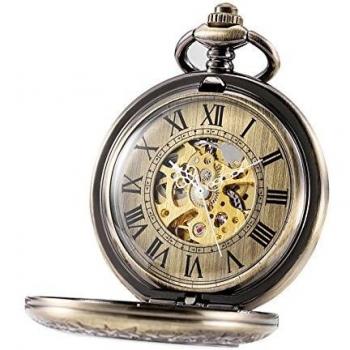 Tree weto Unisex Reloj de bolsillo con cadena Analog cuerda manual Antiguo Esqueleto Lupa Diseño Bronce