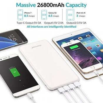 Charmast 26800mAh Powerbank Batería Externa Tipo C Micro USB Slim Cargador Portátil Móvil con 4 Puertos Smart E Salidas y 3 Entradas Compatible con Huawei y Smartphone