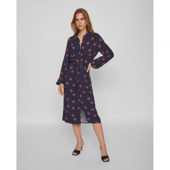 Vila - Vestido midi camisero con botones frontales, manga corta, cinturón a juego y tejido ligero ideal para primavera-verano