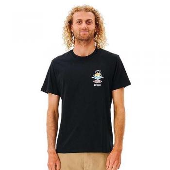 Camiseta de Manga Corta Rip Curl Search Icon Negra con detalles en Azul y Amarillo - Talla S