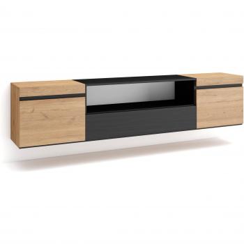 Mueble TV Colgado Moderno 200x45x35cm para Televisores hasta 80, Roble y Negro
