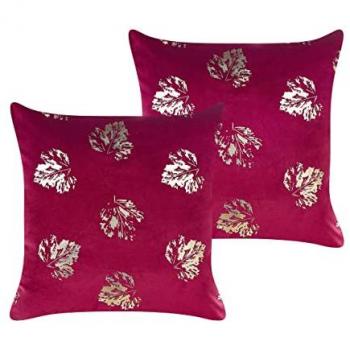 Conjunto de 2 Cojines Decorativos de Terciopelo Rojo Borgoña con Patrón de Hojas y Estampado en Foil Dorado 45 x 45 cm