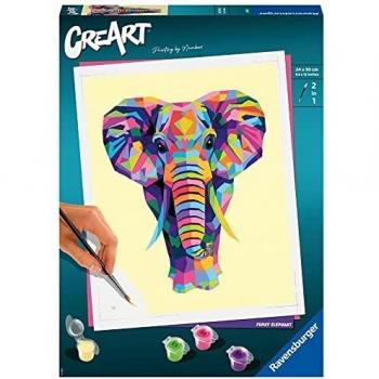 Ravensburger, CreArt, Elefante, Pintar por Numeros Adultos, Animales, 1 Pincel con 2 Puntas, Kit de Pintura, Painting by Numbers