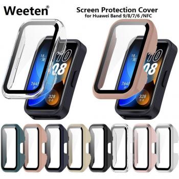 Funda de vidrio templado y parachoques para Huawei Band 6/7/8/9 con protector de pantalla NFC y color rosa