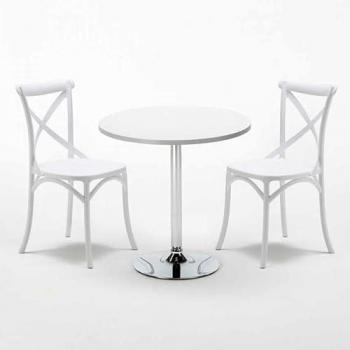 Mesa Redonda Blanca 70x70 cm con 2 Sillas de Colores Estilo Vintage Long Island