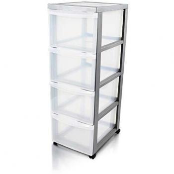 Iris Ohyama Design Chest DC-304, Torre de Almacenamiento con Ruedas de 4 cajones Chest-DC-304, Plata/Transparente, 60 L, 39 x 29 x 81,5 cm, Plastic