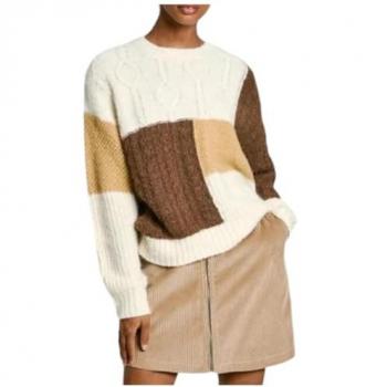 Pepe Jeans - Jersey de mujer patchwork con cuello redondo Hilary, Prendas de Punto, Marrón (Earth Brown), Talla S