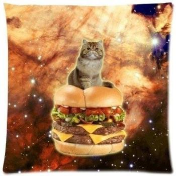 Funny Space Cat Kitty on a Double Cheese Hamburger Cushion Case - Decorative Square Throw Pillow Cover Cushion Case Pillowcase with Hidden Zipper Closure - 18x18 inches, One-sided Print