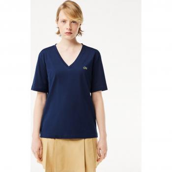 Camiseta Lacoste V Neck Relaxed Fit de algodón suave para mujer en azul marino - 34