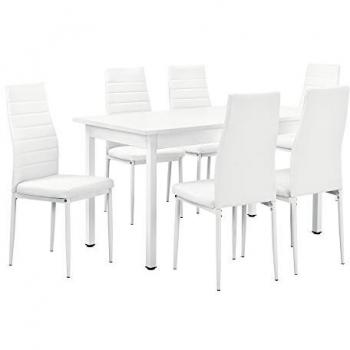 Mesa de comedor Bjerkvik con 6 sillas, material MDF y hierro, tapizadas en polipiel, dimensiones de la mesa 140 x 60 x 75 cm, color blanco