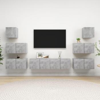 Conjunto de muebles para sala de TV en hormigón gris y madera, 8 piezas