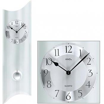 Reloj de Pared Pendular AMS W7324, Cuarzó, Mineral, 68 cm x 19 cm, Color Plata Transparente para Comedor y Sala
