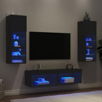 Muebles de TV de pared con LED 6 piezas en madera ingeniería y color negro