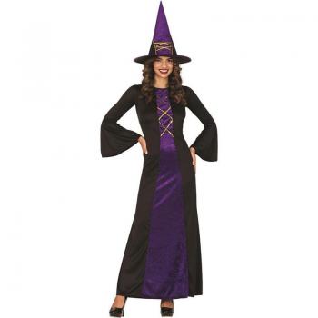 Disfraz de Bruja Púrpura Largo para Mujer - Incluye vestido largo de color púrpura con detalles en negro, sombrero puntiagudo a juego, y cintilla ajustable