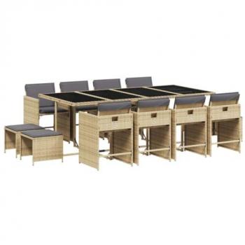 Set comedor de jardín con cojines 13 pzas ratán sintético beige