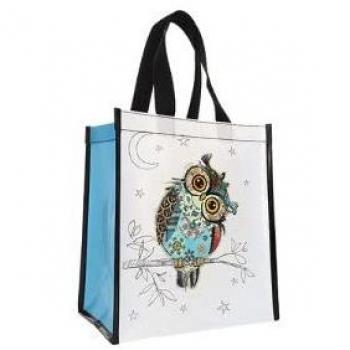 Bolsa de la compra de plástico reciclado Kiub Kook, diseño de búho con ojos penetrantes, formato 30 x 26 cm, grosor de 16 cm, color blanco, tamaño Small