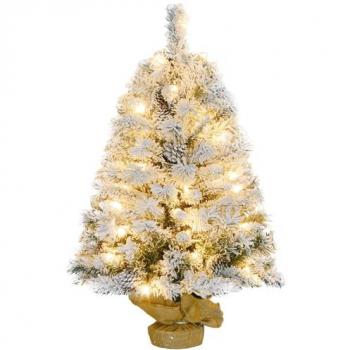 Árbol de Navidad Artificial Nevado 90 cm con 50 Luces LED, 133 Ramas, 14 Piñas y Soporte de Metal para Interior Verde