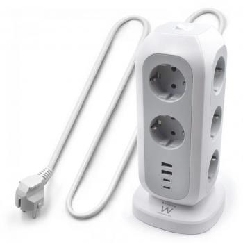 Ewent EW3861 Regleta Vertical 11 Tomas Schuko, 2 Puertos USB-A, 2 Puertos USB-C, Color Blanco, Cable de 2 Metros