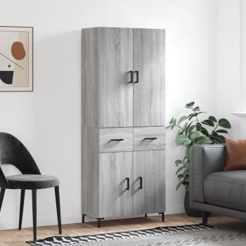 Aparador alto de madera contrachapada gris sonoma 69,5x34x180 cm con 2 puertas y 2 cajones, mueble de almacenaje moderno para salón, armario auxiliar y armario de almacenamiento