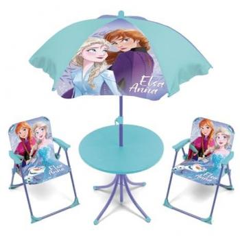 Conjunto de muebles de exterior: 2 sillas, mesa (50x50x48cm) y sombrilla (diámetro 110cm) de Disney-Frozen