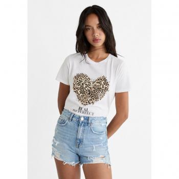 Stradivarius White XL Animal Print Heart T-shirt