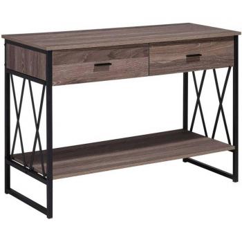 Mesa auxiliar industrial Beliani de madera oscura y estructura de metal negro, 107 x 46 cm, con 2 cajones y estante