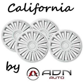 Juego de 4 Tapacubos de 16 Pulgadas Diseño California Silver, Acabado Cromado y ABS Resistente a Fuertes Impactos, Duradero y Fiable con Anillo de sujeción Ajustable