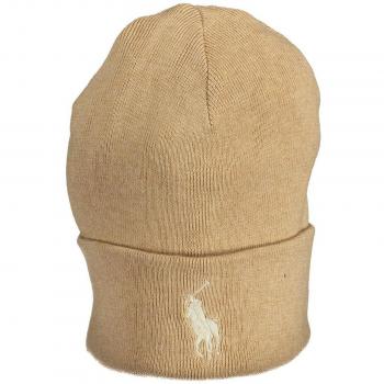 Ralph Lauren Beige Cotton Beanie Cap, Unisex, ONE SIZE, with Embroidery