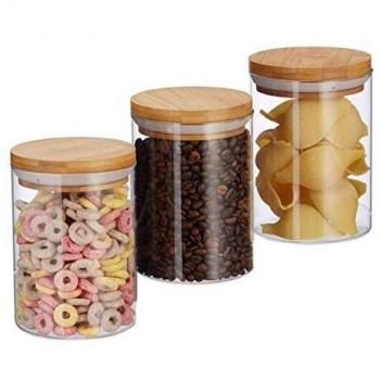 Set de 3 Frascos de Almacenamiento de Vidrio para Pasta, Arroz y Müsli, 600 ml, Altura 14 cm x Diámetro 9.5 cm, con Tapa de Bambú Natural