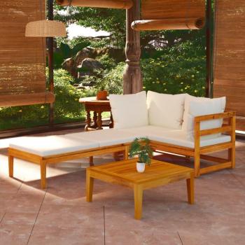 3-Piece Acacia Wood Garden Lounge Set with Cream White Cushions