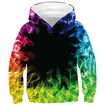 SunFocus Sudadera con Capucha para niños Colorful Flame Estampado en 3D Niños pequeños Manga Larga Casual Pullover Black Pullover con Bolsillo para Otoño Invierno Outfits S