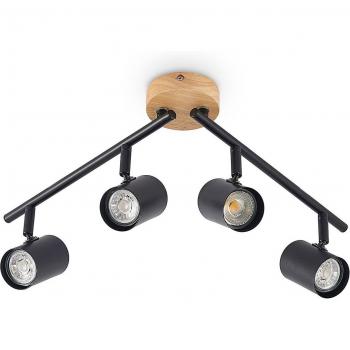 Plafón de techo LED Lindby Xiomara, 4 luces, 68 cm de largo, acabado en madera y metal negro, diseño moderno para salón y comedor, compatible con bombillas GU10