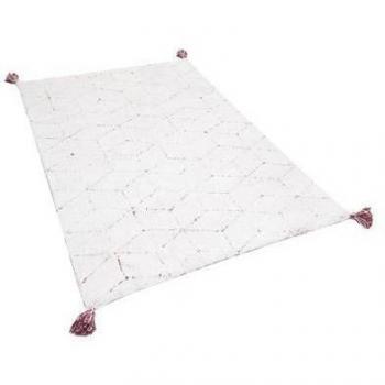 Alfombra Shaggy Moderna de Algodón Blanco 140 x 200 cm con Motivo Geométrico Rojo y Borlas Sakarya