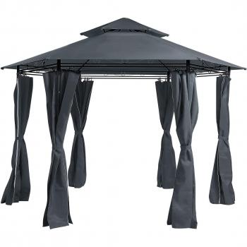 Pabellón de Jardín Hexagonal con Cortinas de Poliéster Gris Oscuro y Estructura de Metal Negro, Resistente al Agua y UV