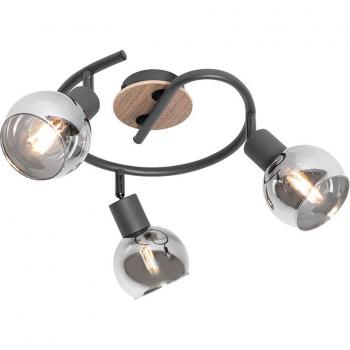 Plafón moderno negro 44,5 cm con cristal ahumado y madera, 3 luces E14