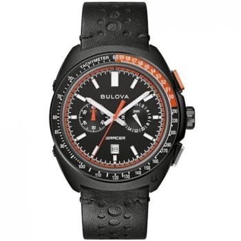 Bulova Racer Chronograph Men's Watch 42mm Black Dial Leather Strap 100M Water Resistant
